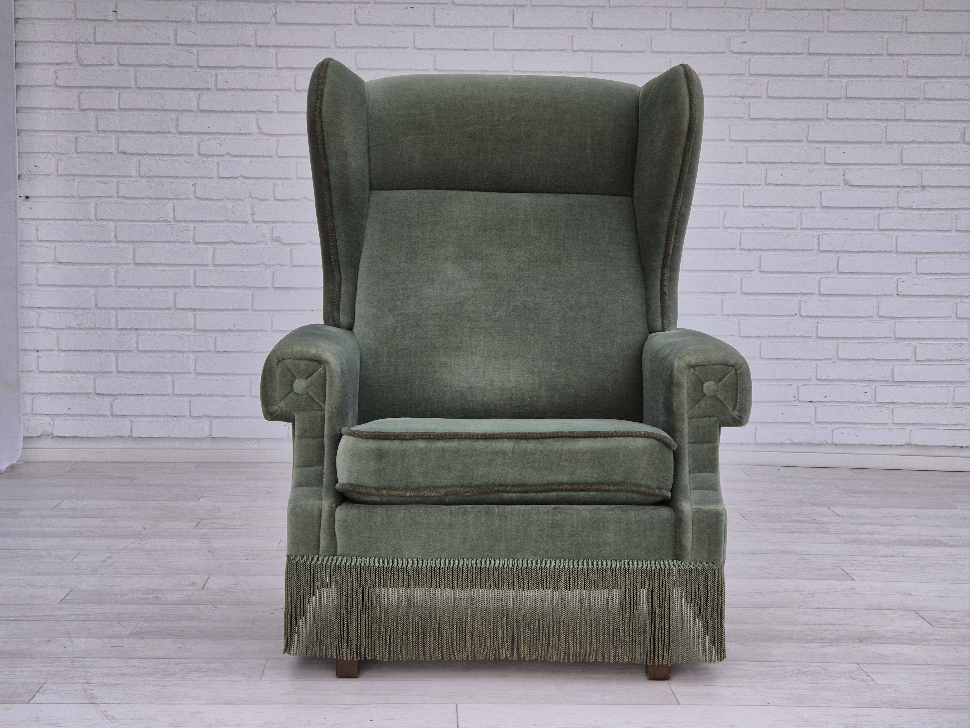 1970s, Danish wingback armchair, original condition, furniture velour, beech wood.