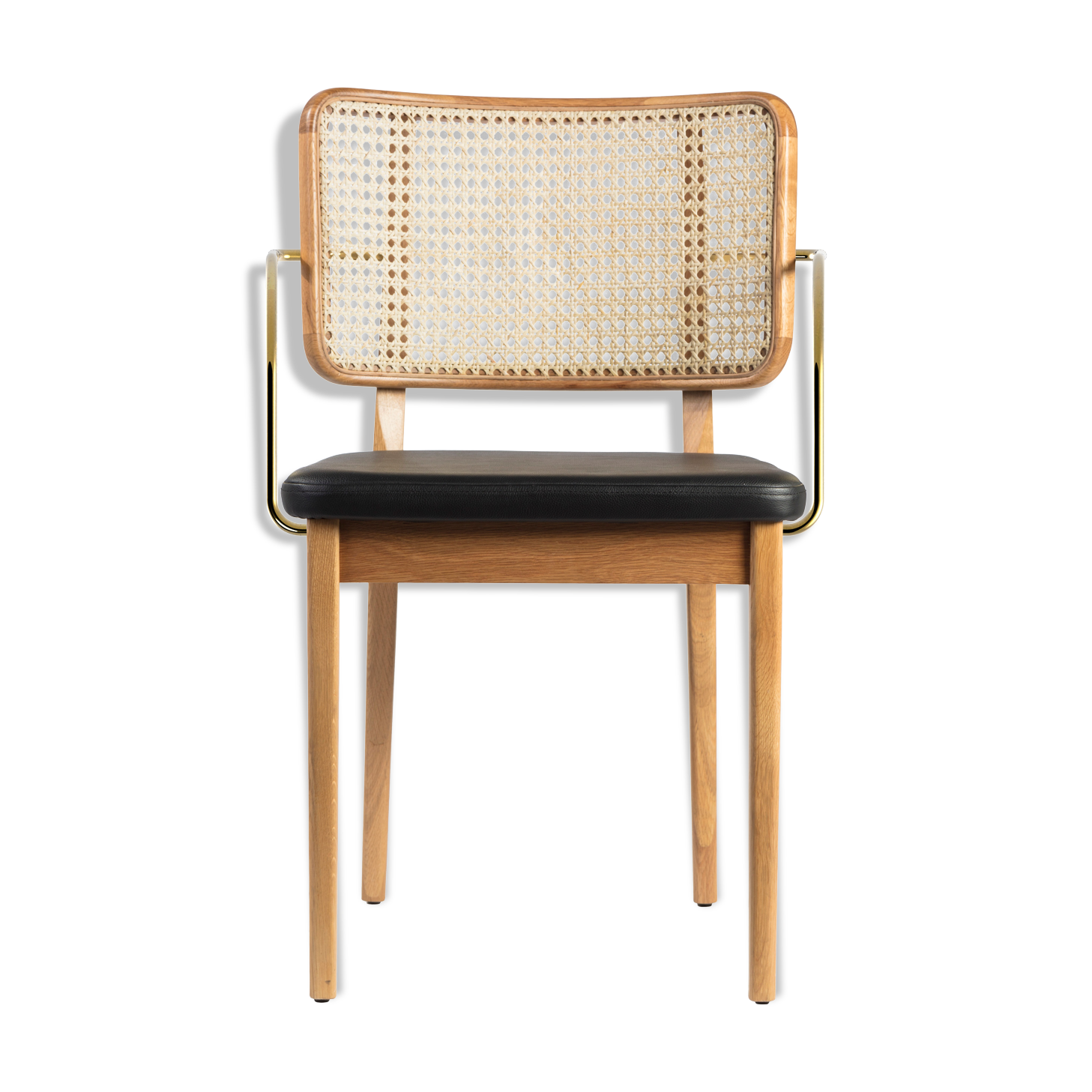 Light wood caning chair with black leather armrests