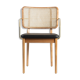 Light wood caning chair with black leather armrests