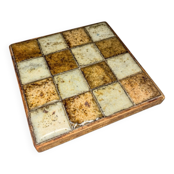 Dessous de plat en grès émaillé et bois style brutaliste, années 70