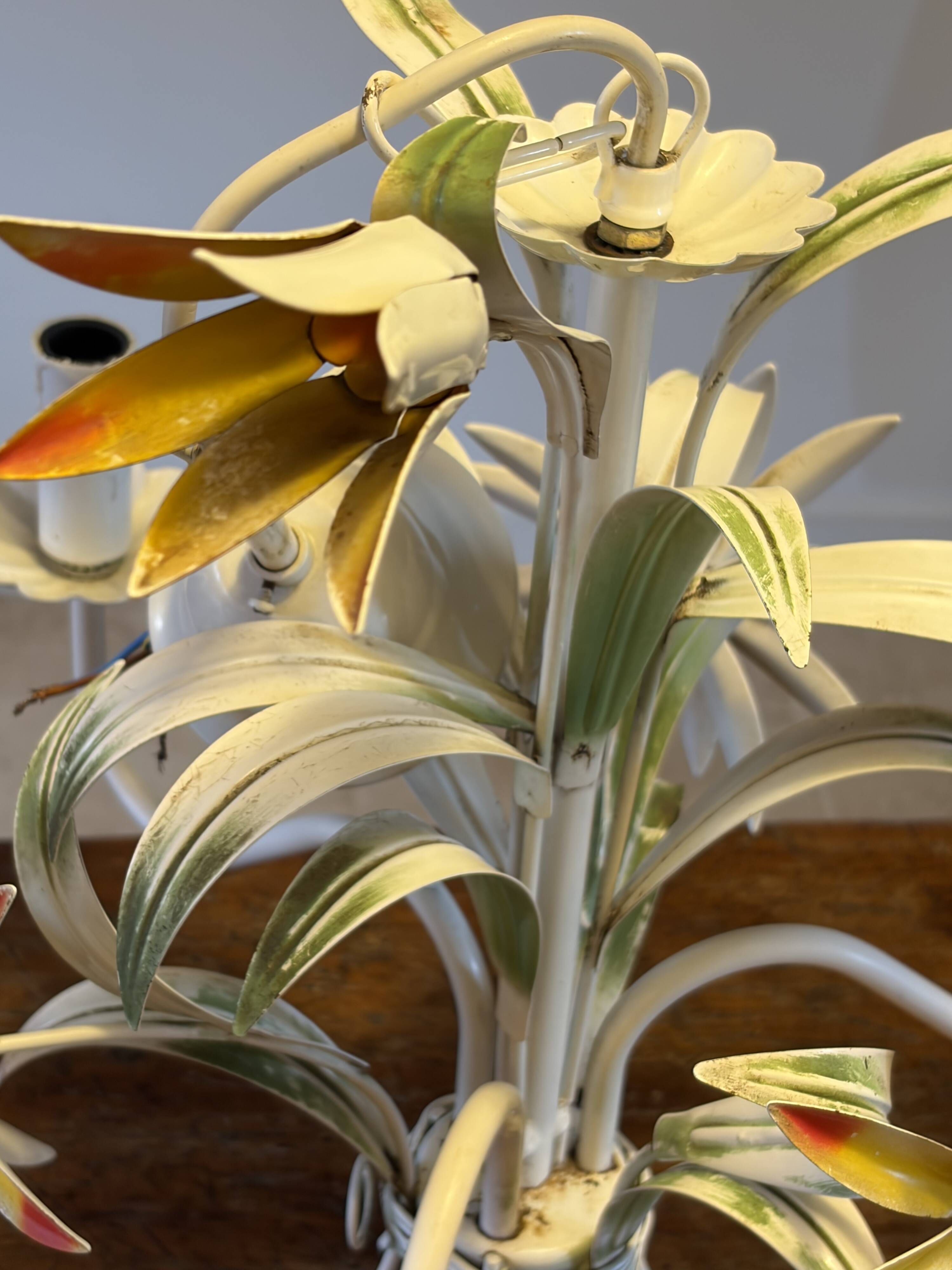 Vintage floral metal painted chandelier – 3 lights – 1970s