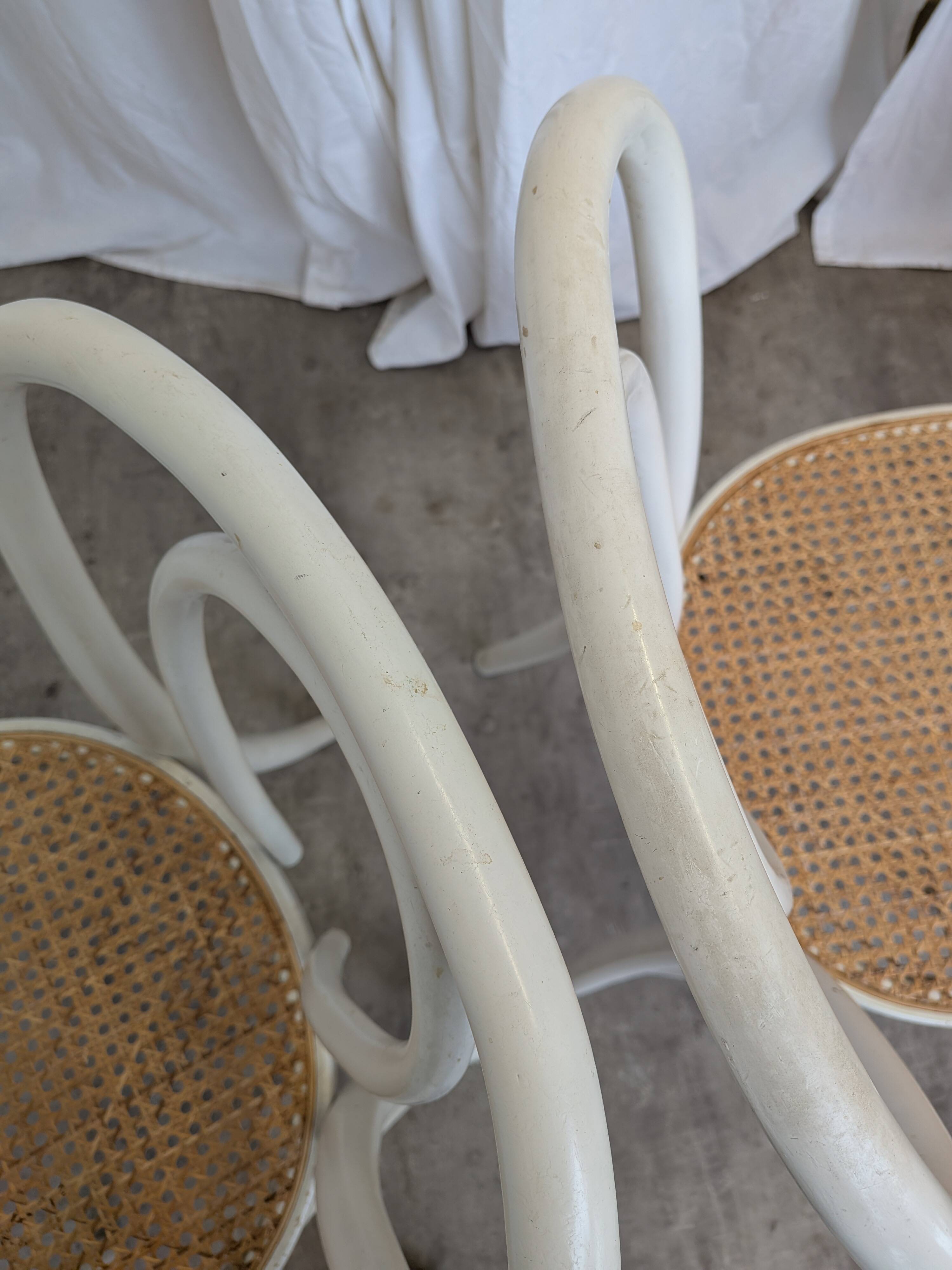 Set of 4 Vintage Thonet Style Dining Chairs: White Wood & Cane Seat
