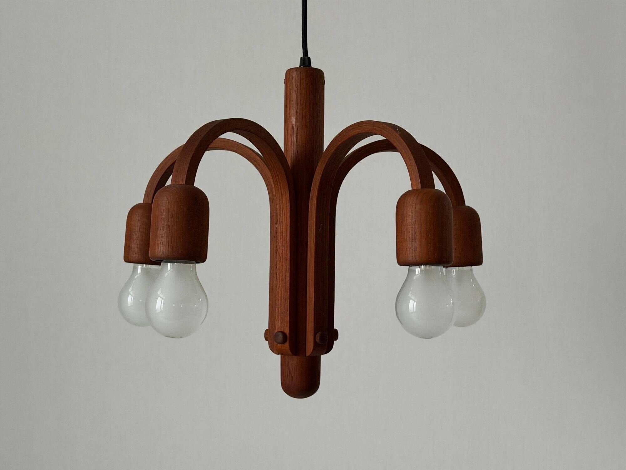 Suspended Sputnik counterweight lamp with 5 arms in teak by Domus, 1970s, Italy.