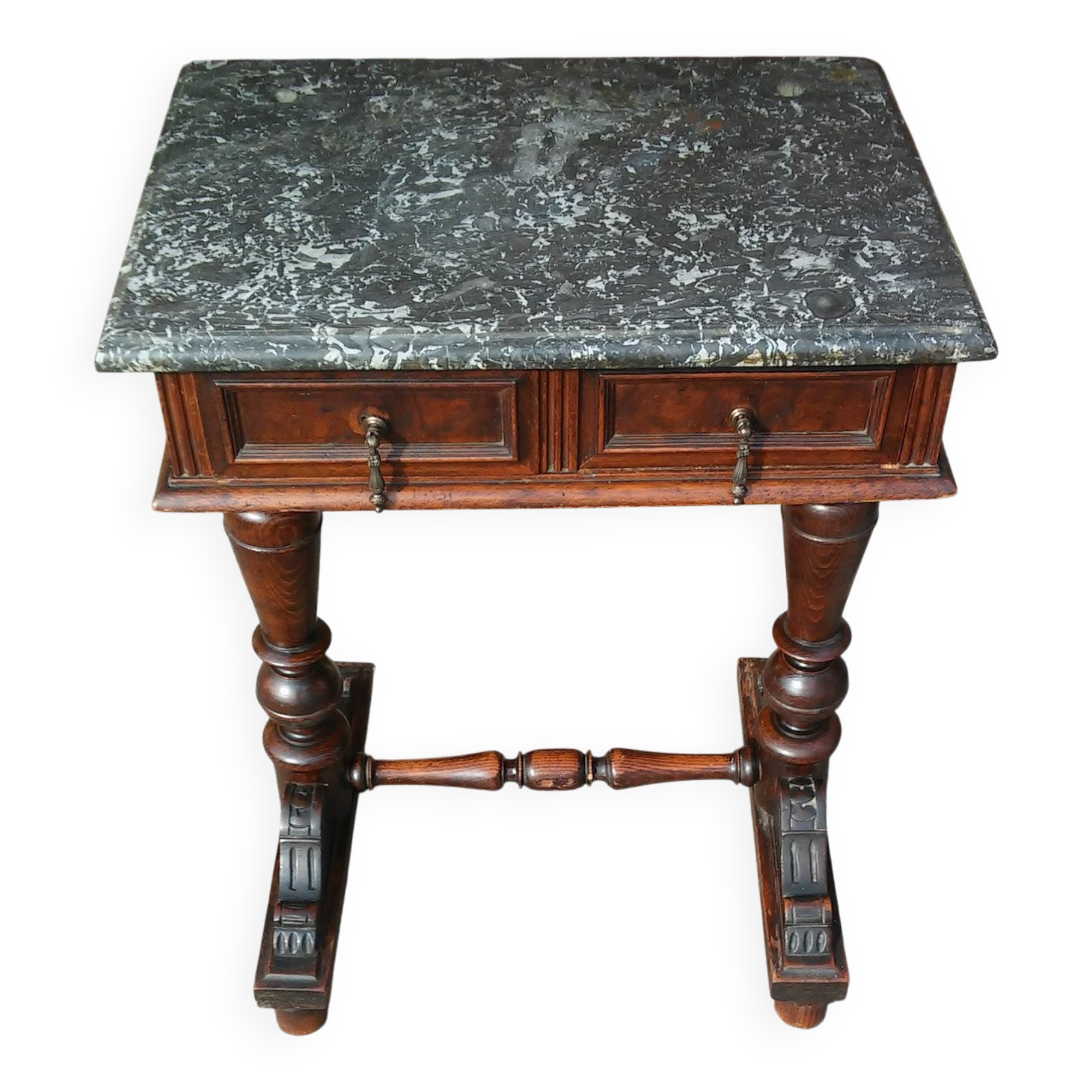 Console baroque viennoise marron en bois avec plateau marbre noir veiné — fin XIXe