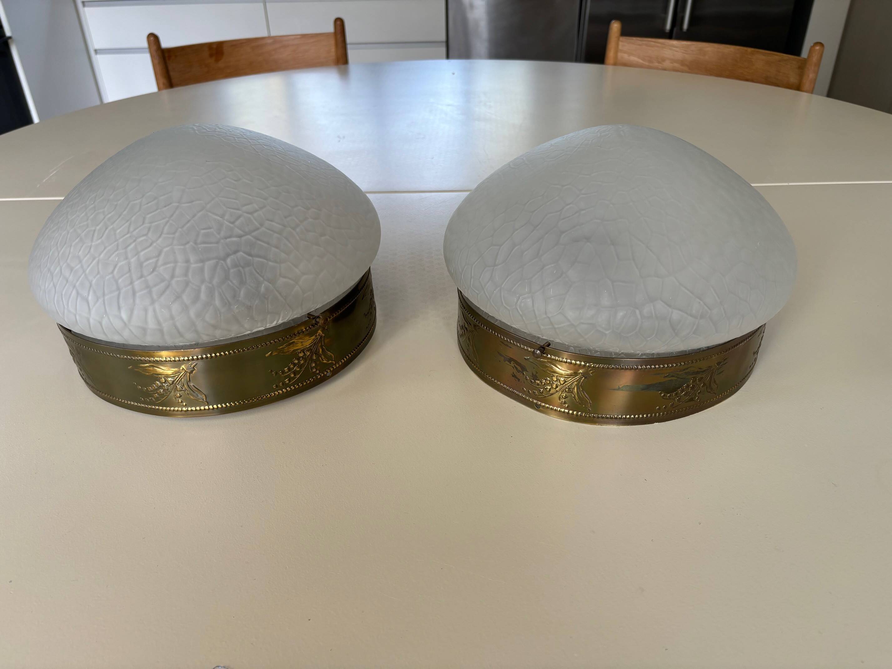 2 1930s ceiling lights in brass and frosted glass