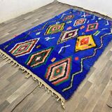 Handmade blue Moroccan rug, decorated, 250cm x 150cm