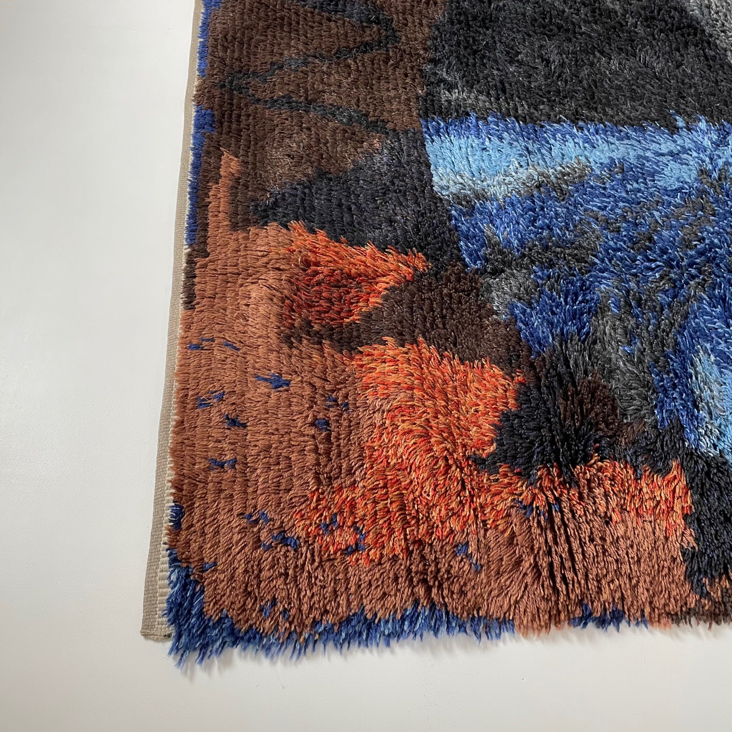 Abstract Scandinavian Multicolor High Pile Rya Rug Carpet, Sweden, 1960s