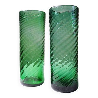 Pair of large twisted green blown glass Mexican glasses, vintage 1970s-80s.