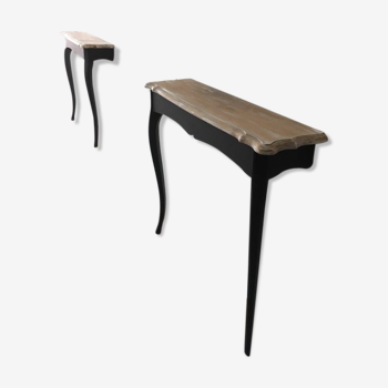 Duo of wooden consoles, redesigned in black and wood