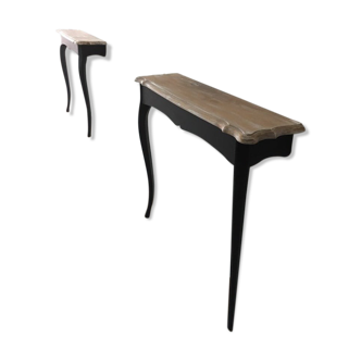Duo of wooden consoles, redesigned in black and wood