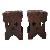 Pair of XX brutalist design wooden and leather stools