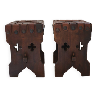 Pair of XX brutalist design wooden and leather stools