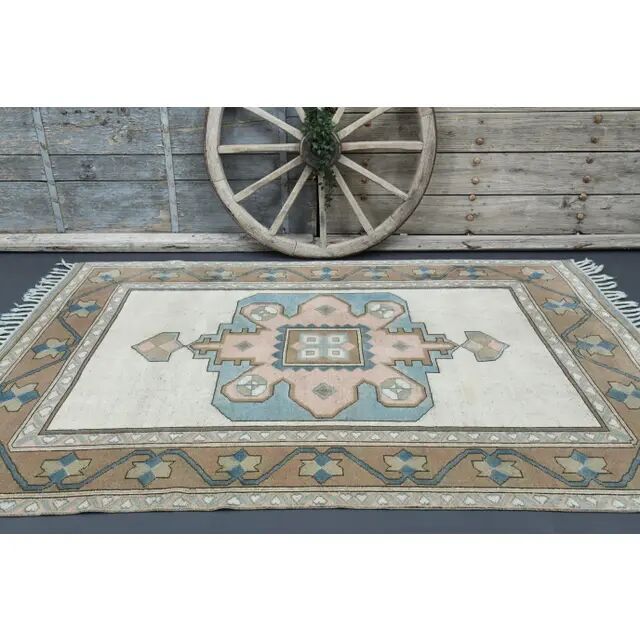 Vintage Turkish Hand-Knotted Wool Cotton Beige Area Rug 193x263