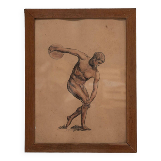 Blood charcoal drawing Discobole Fine Arts pitch pine frame 1930