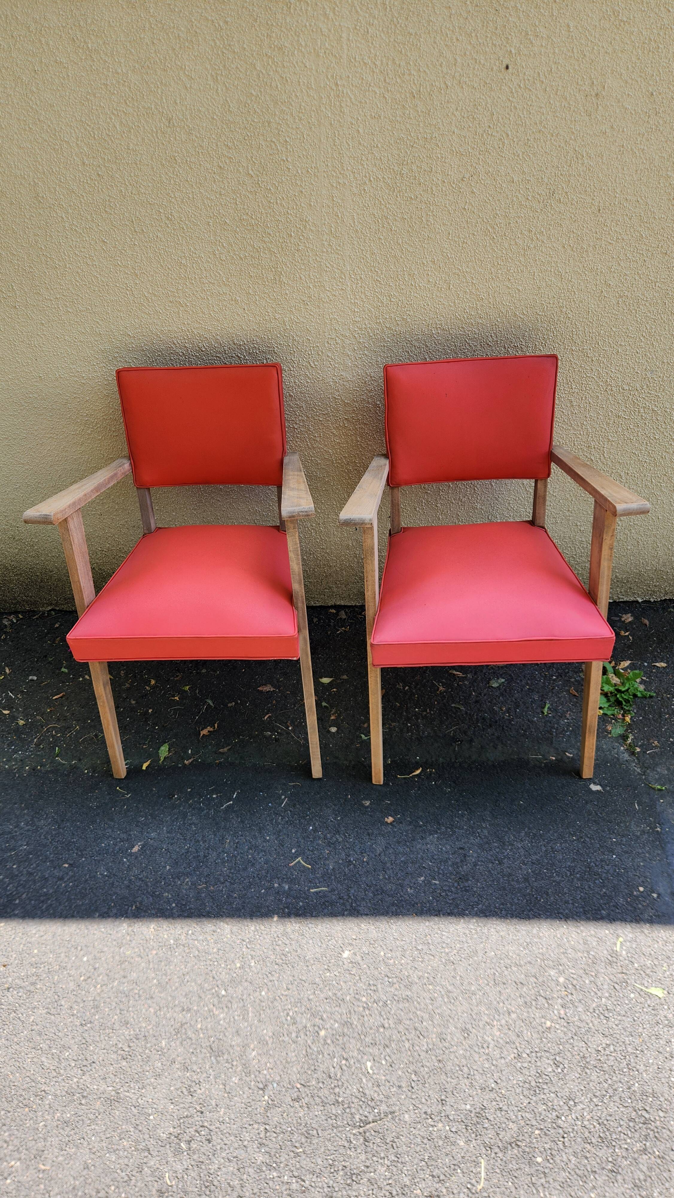 Pair of Vintage Bridge Armchairs Red & Wood 1950s