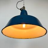 Industrial blue enamel factory lamp with cast iron top, 1960s