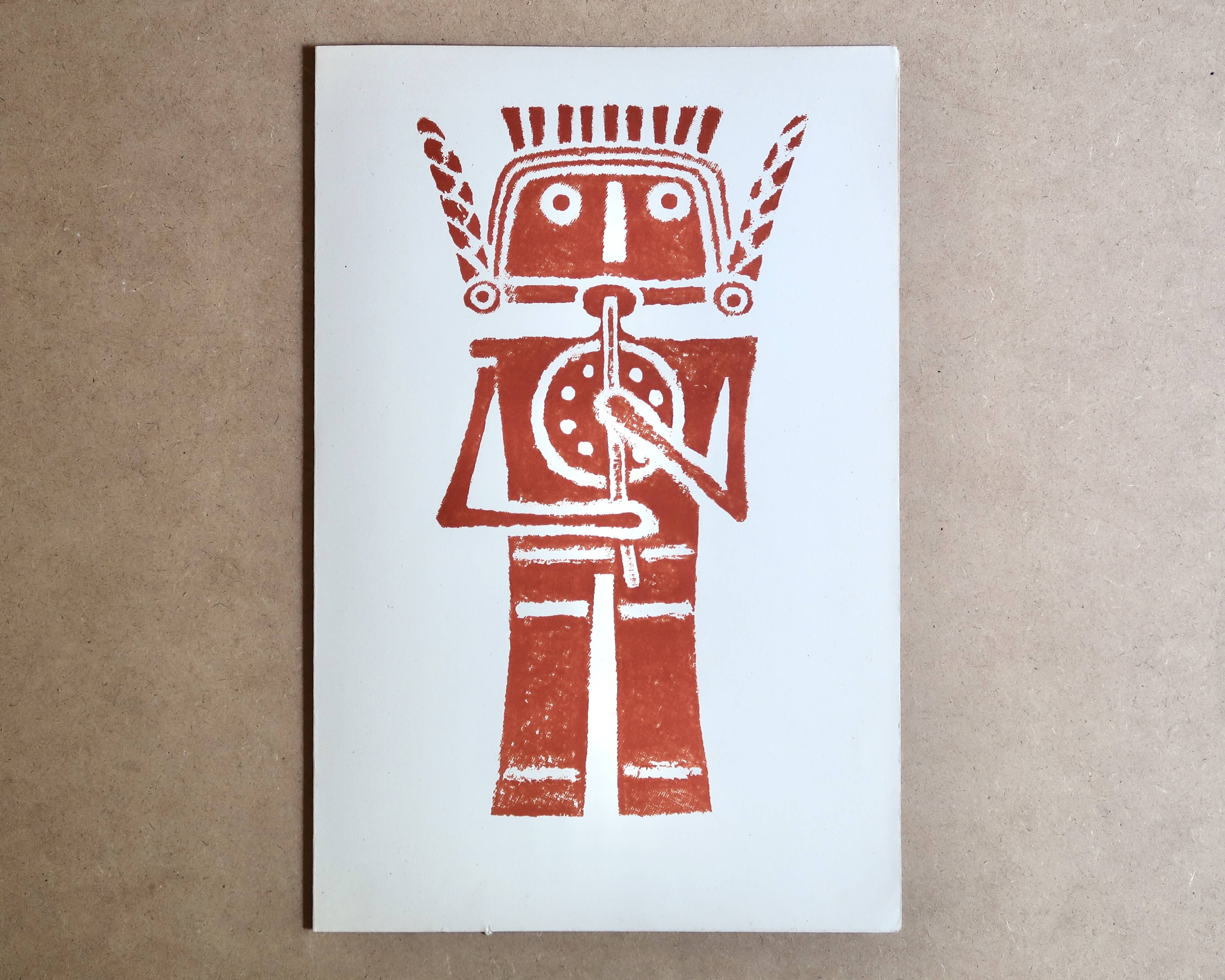 Original Pre-Columbian print, Aztecs Colombia folk 60s