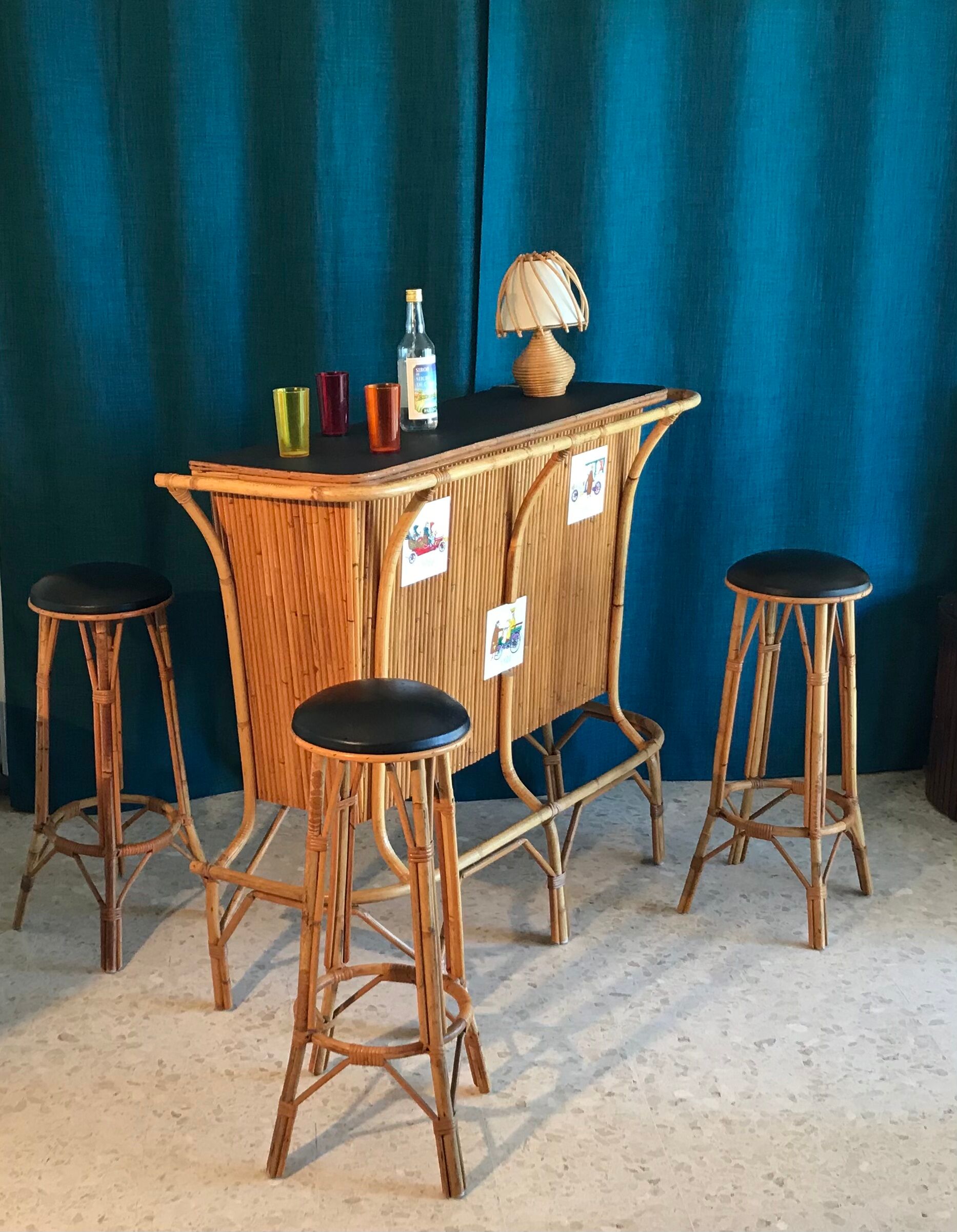 Bar and rattan stools 60s