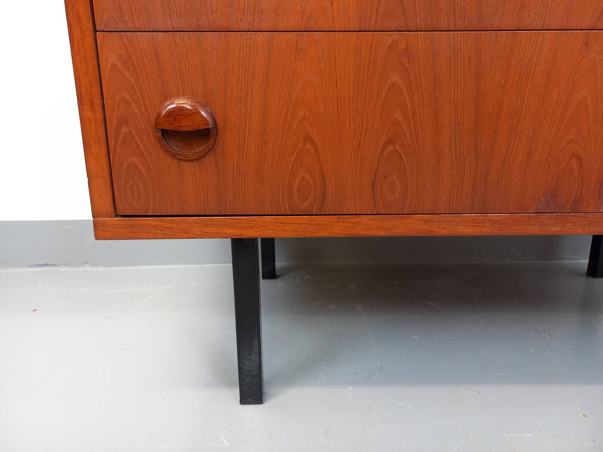 Vintage Scandinavian style chest of drawers in teak and black metal from the 60s