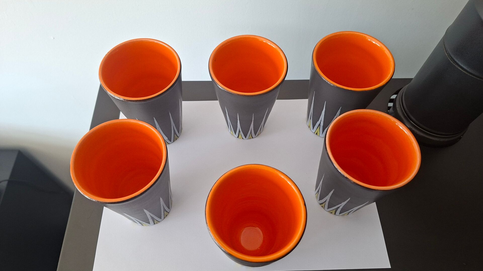 Six Orange and Black Ceramic Vases Vallauris André Baud