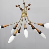 1960s Rupert Nikoll Brass and Teak Opaline Glass Chandelier, Austria