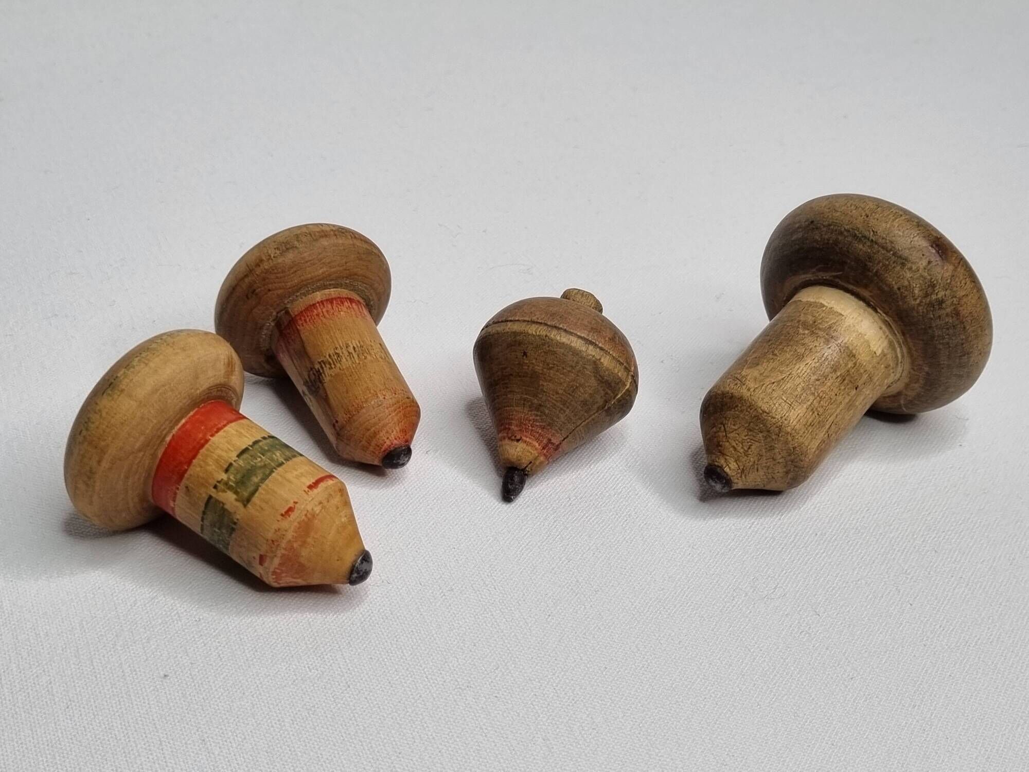 Set of 4 Antique Wooden Spinning Tops – Hand Painted Vintage Toys