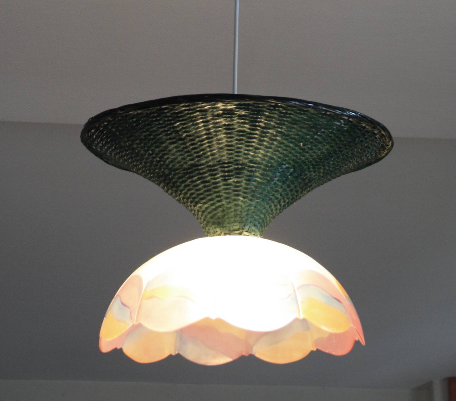 Suspension osier/rotin & verre vintage