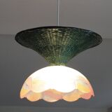 Suspension osier/rotin & verre vintage