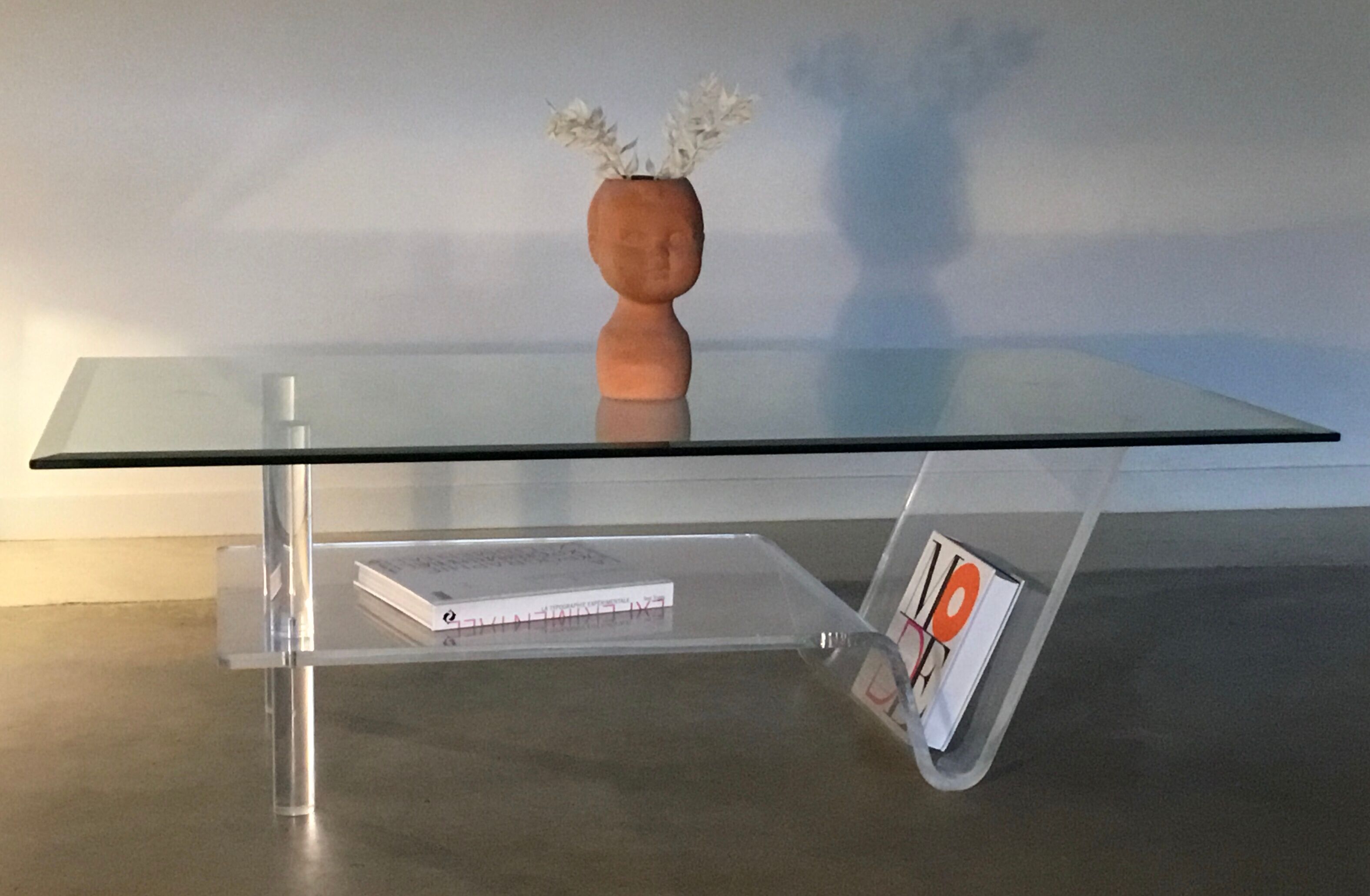 Plexiglas and glass coffee table - design 1980