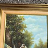 Tableau by Claude Gauthier: Equestrian portrait with a dog in a park.