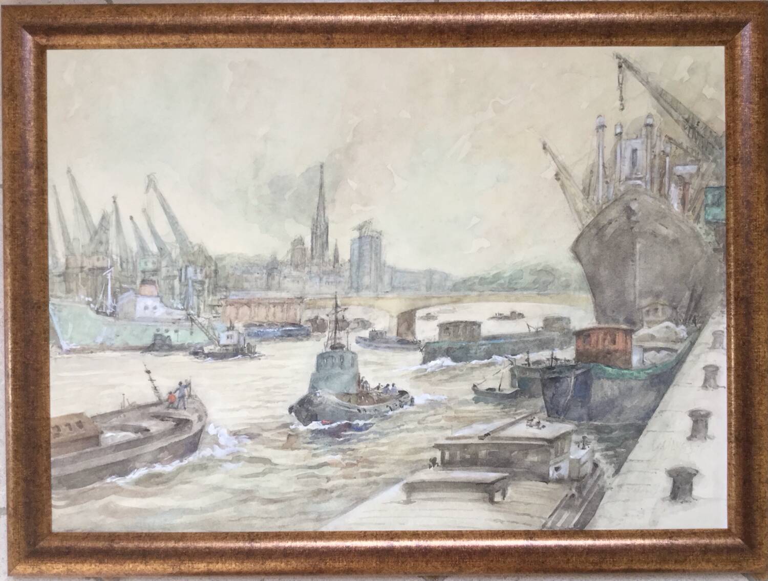 Watercolor by guy marc (1918-1995). port of rouen, 1974
