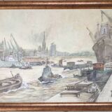 Watercolor by guy marc (1918-1995). port of rouen, 1974