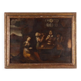 Old painting of a tavern scene, oil on canvas, 18th century.