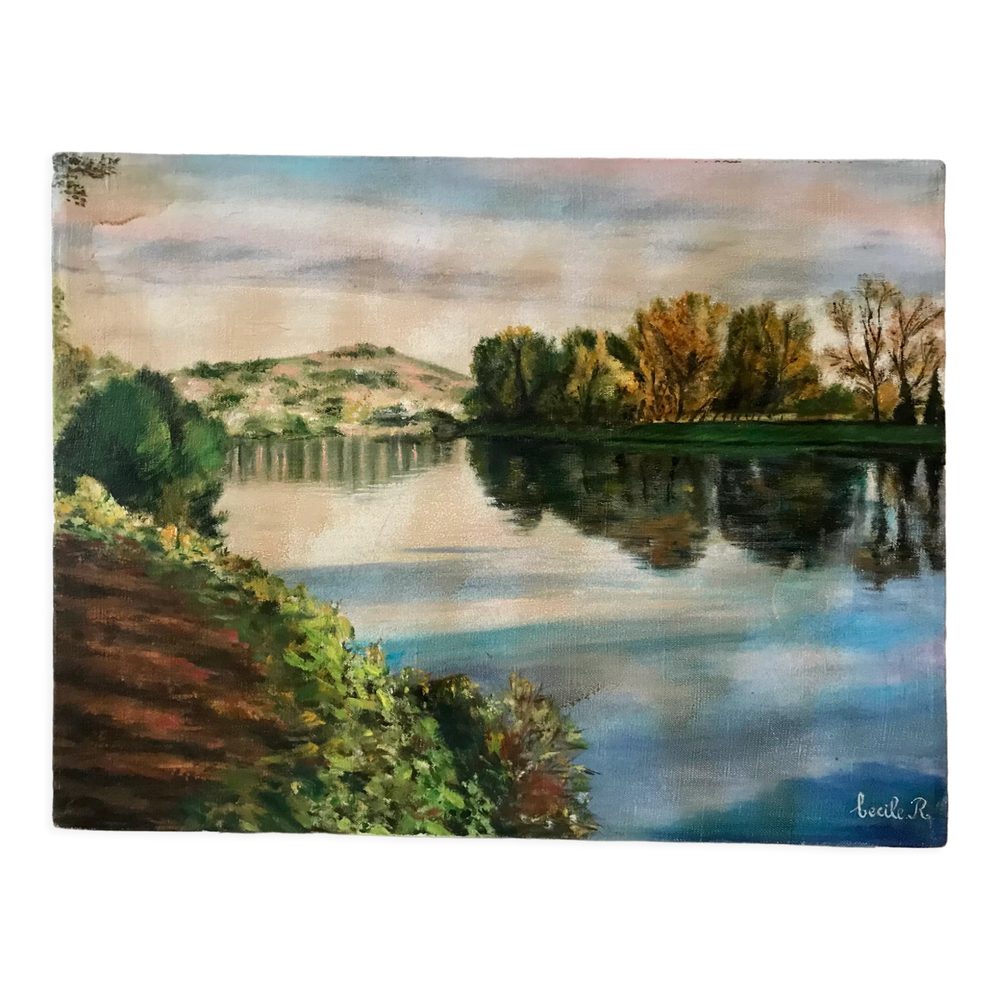 Oil painting on canvas winter landscape and lake signed vintage