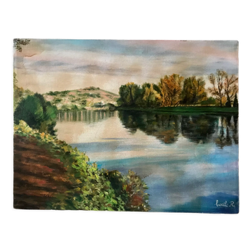 Tableau huile sur toile paysage hivernal et lac signé vintage