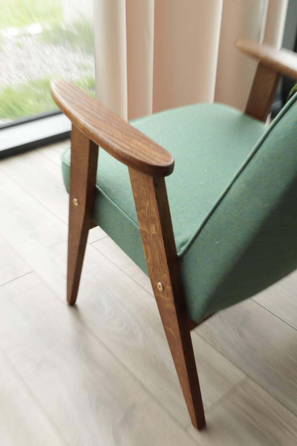 Vintage rustic oak armchair in green wool, 1960s