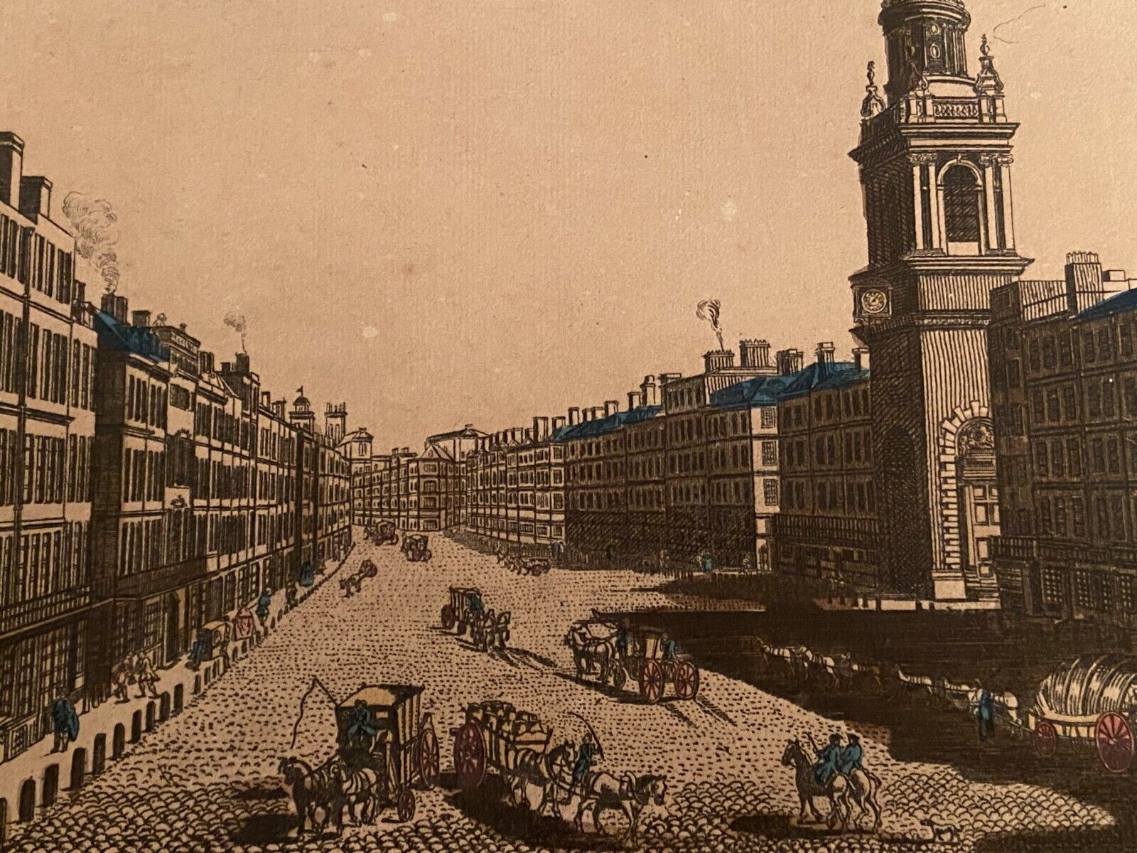 Engraving from optical view The main street and the Church of Sainte Marie Londres