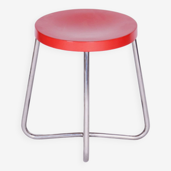 Tabouret en hêtre Bauhaus restauré, acier chromé, Tchéquie, années 1930