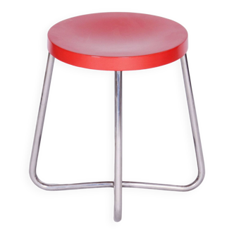 Tabouret en hêtre Bauhaus restauré, acier chromé, Tchéquie, années 1930