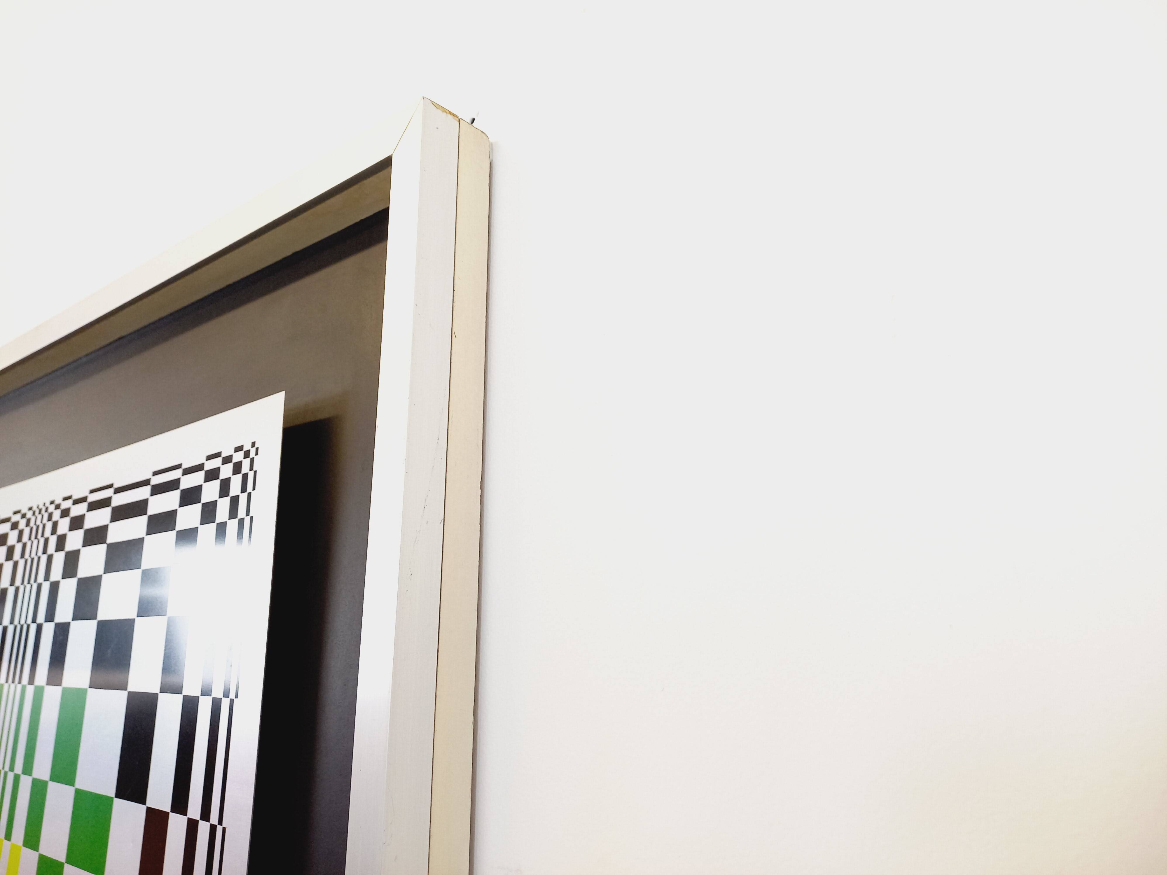 Typical silkscreen painting in kinetic checkerboard on aluminum, Italian abstract design in Vasarely style