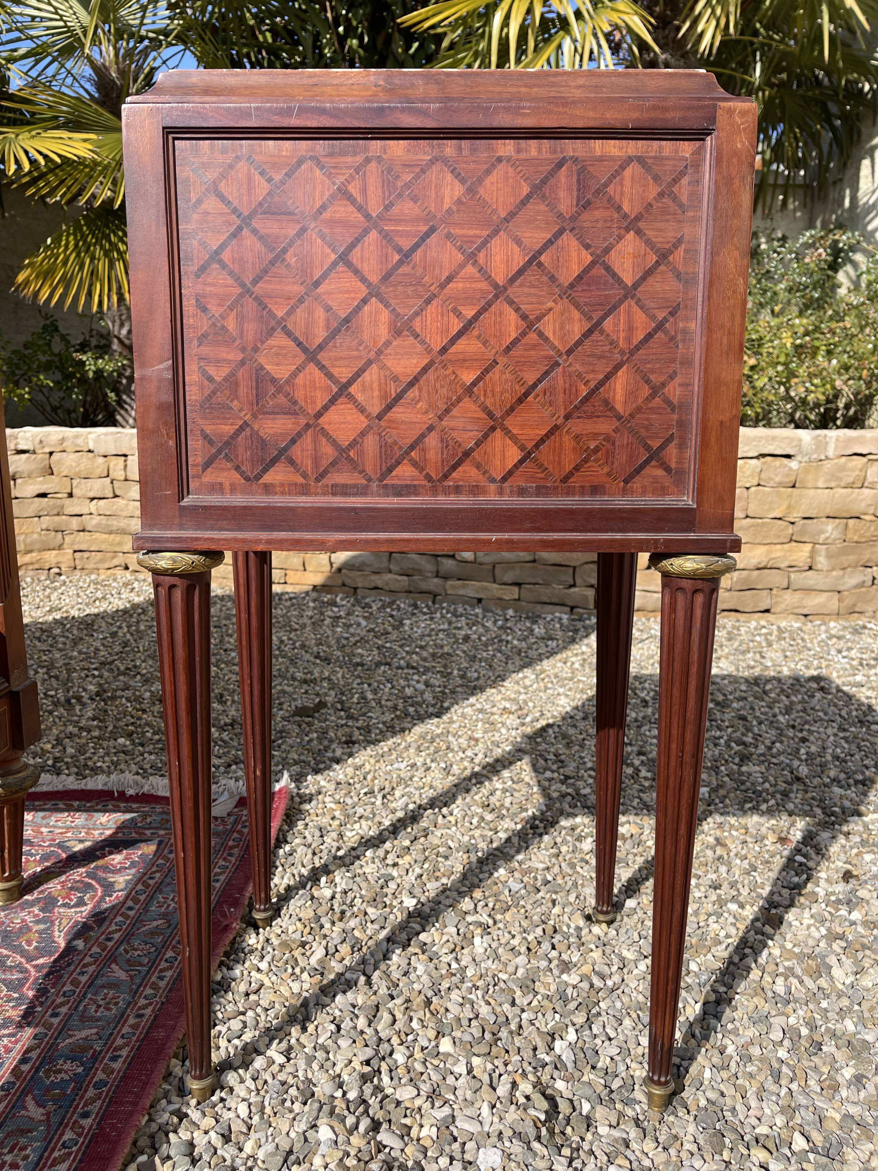 Louis XVI style marquetry & bronze bed and bedside table