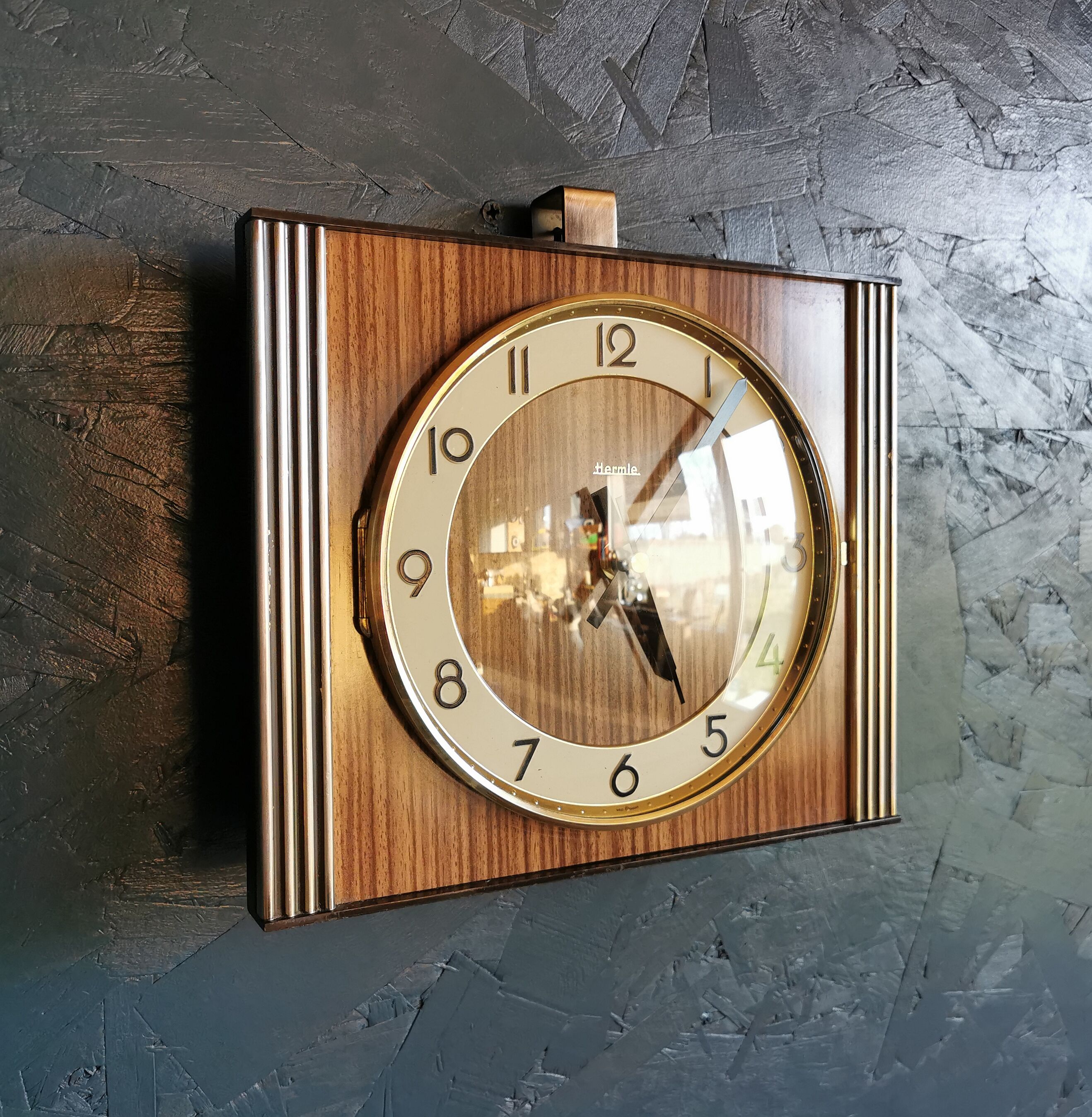 Vintage formica clock rectangular silent wall clock "Hermle gilded wood"