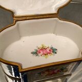 Domed porcelain box polychrome floral decoration on blue background brand Sèvres