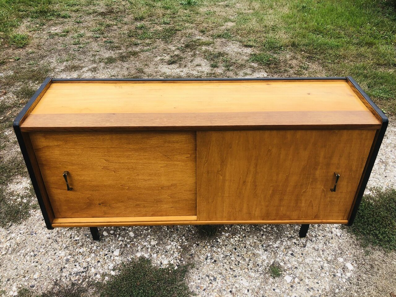 Small vintage row with sliding doors, metal legs Circa 50's