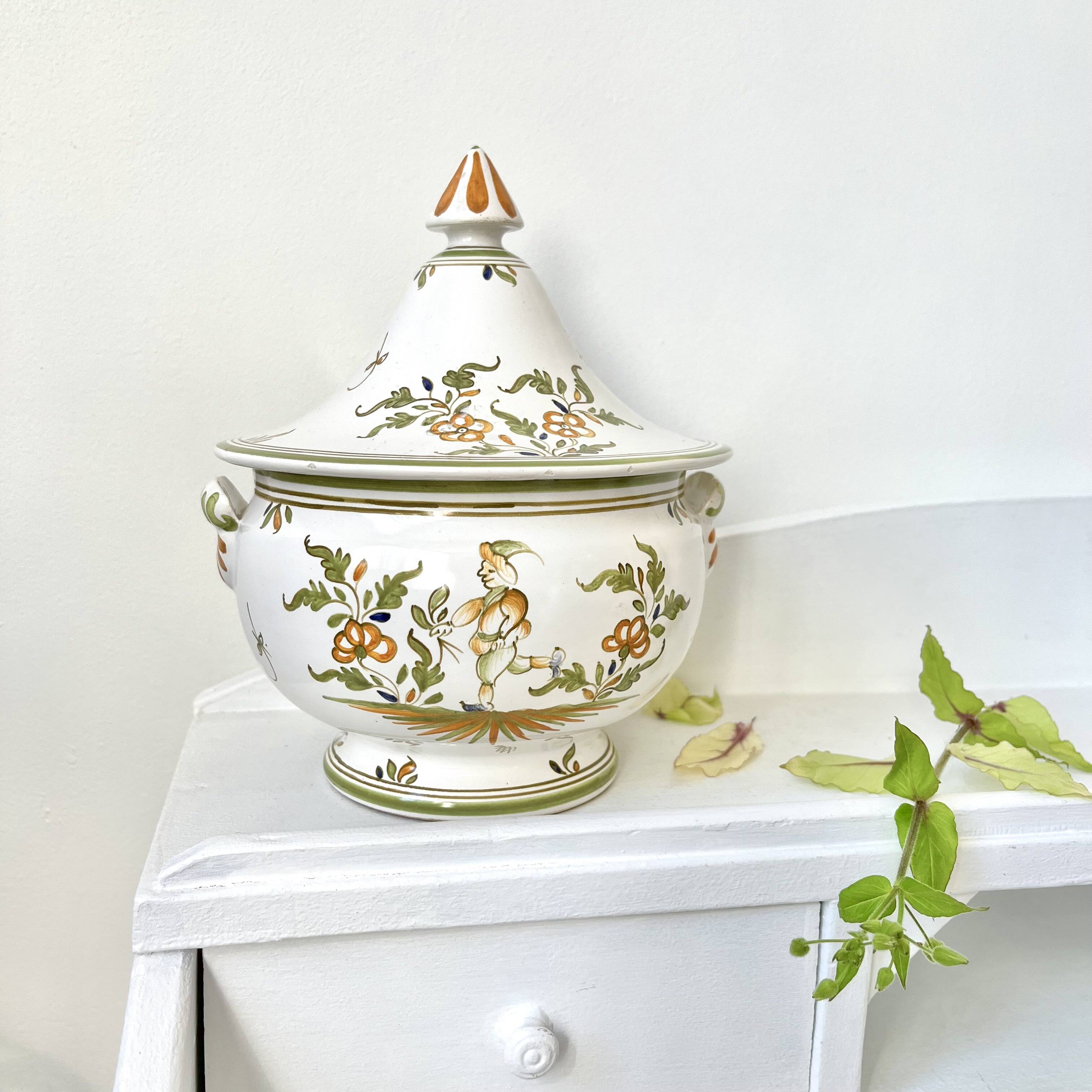 Covered candy jar signed M Malicorne, Moustiers decor