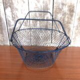 Old foldable blue metal basket, vintage handles