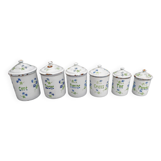 Magnificent series of enamelled metal spice jars decorated with carnations of 1930s poets