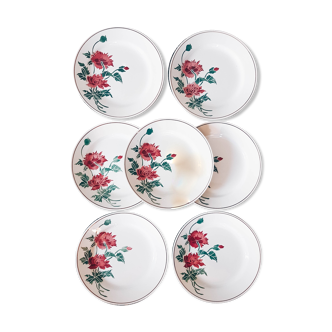 Lot of 7 Flat plates Green red flower "LUXEUIL" Porcelain HBCM Montereau France
