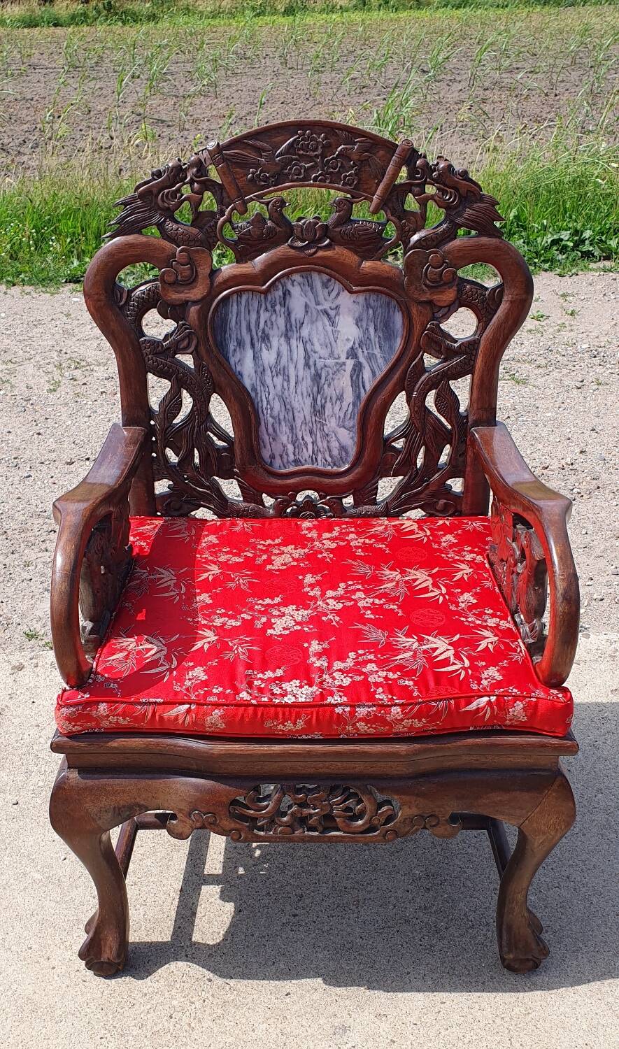 Set 2 vintage Chinese Asian chairs carved rosewood with marble