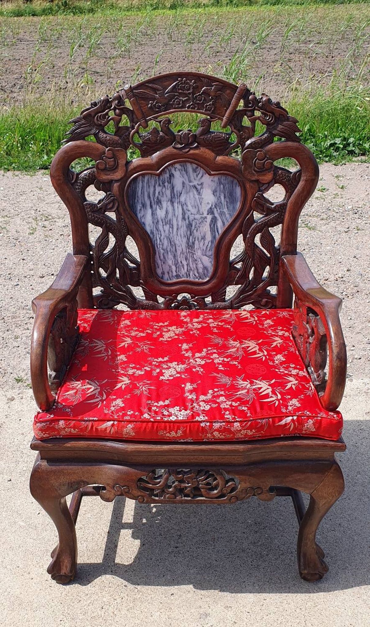 Set of 2 vintage Chinese Asian chairs in carved rosewood with marble.